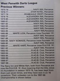 West Penwith Darts league winners 1975-76 to 1997-98